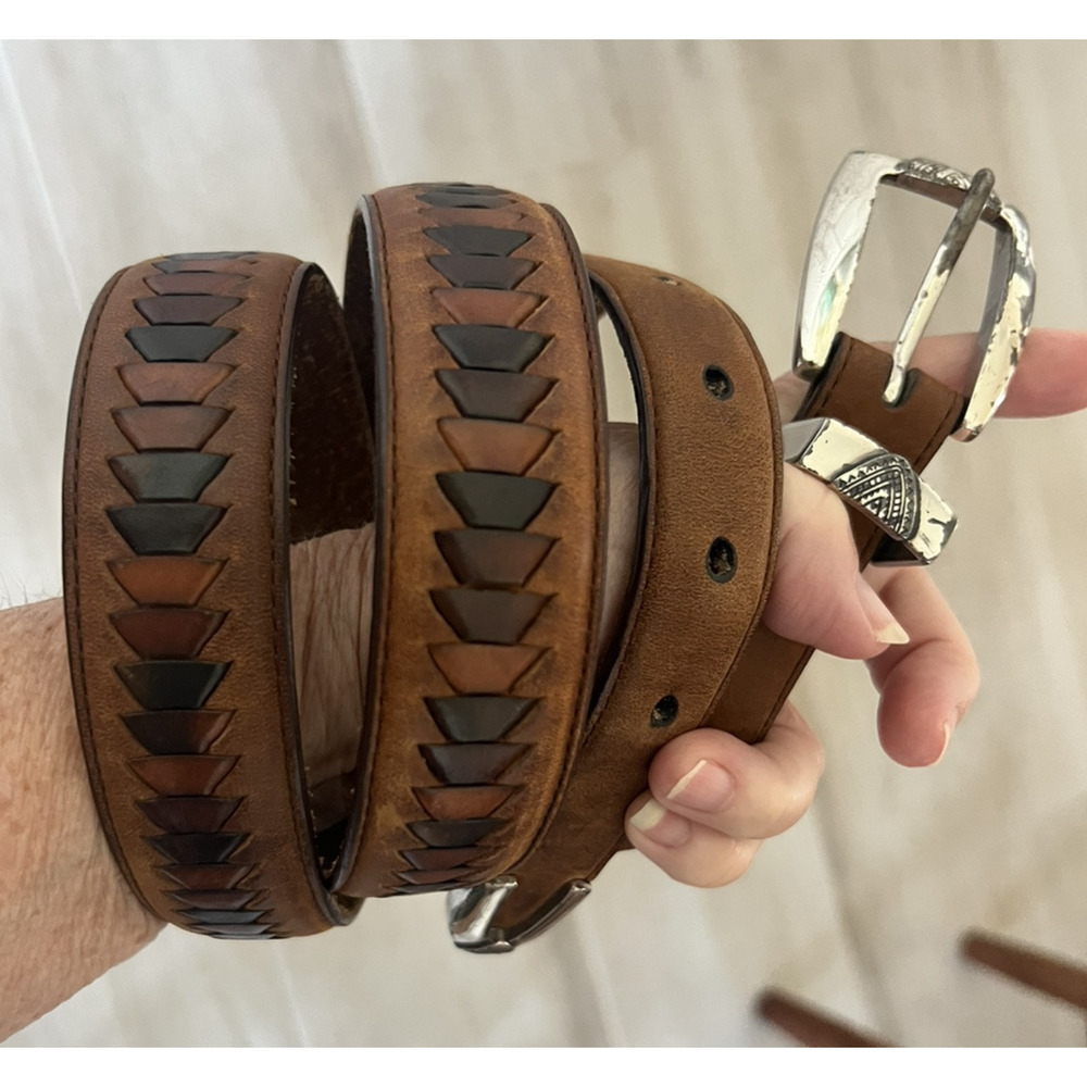 Onyx By Brighton Brown Leather Belt Mens 42 Inwoven Braid Vintage M40189